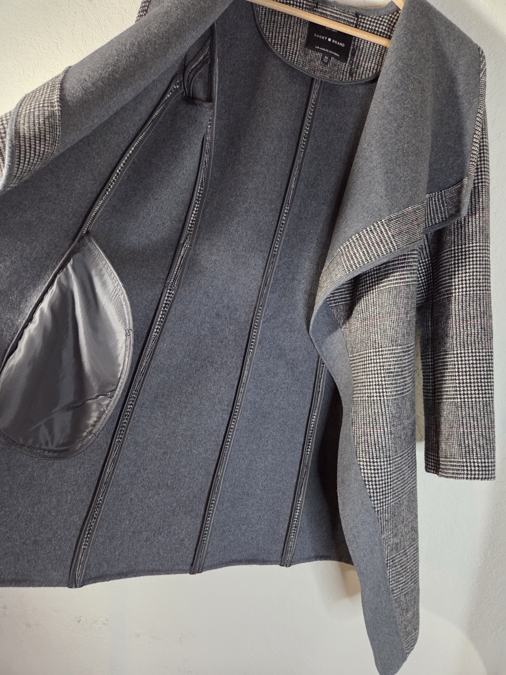 Lucky Brand Glen Plaid Waterfall Wool Blend Wrap Coat Gray Size XS - Picture 10 of 11